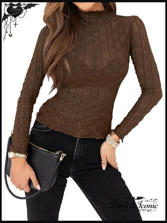 Tops - Mesh Sheer Lace Layering Top Mock Neck Long Sleeve See Through Blouse